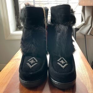 Manitobah Mukluks - half faux fur suede mukluk with Pom poms. Water resistent.